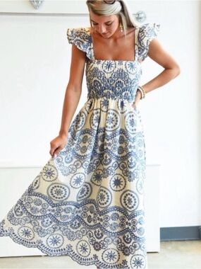 Blue and Cream Smocked Square-Neck Maxi Dress